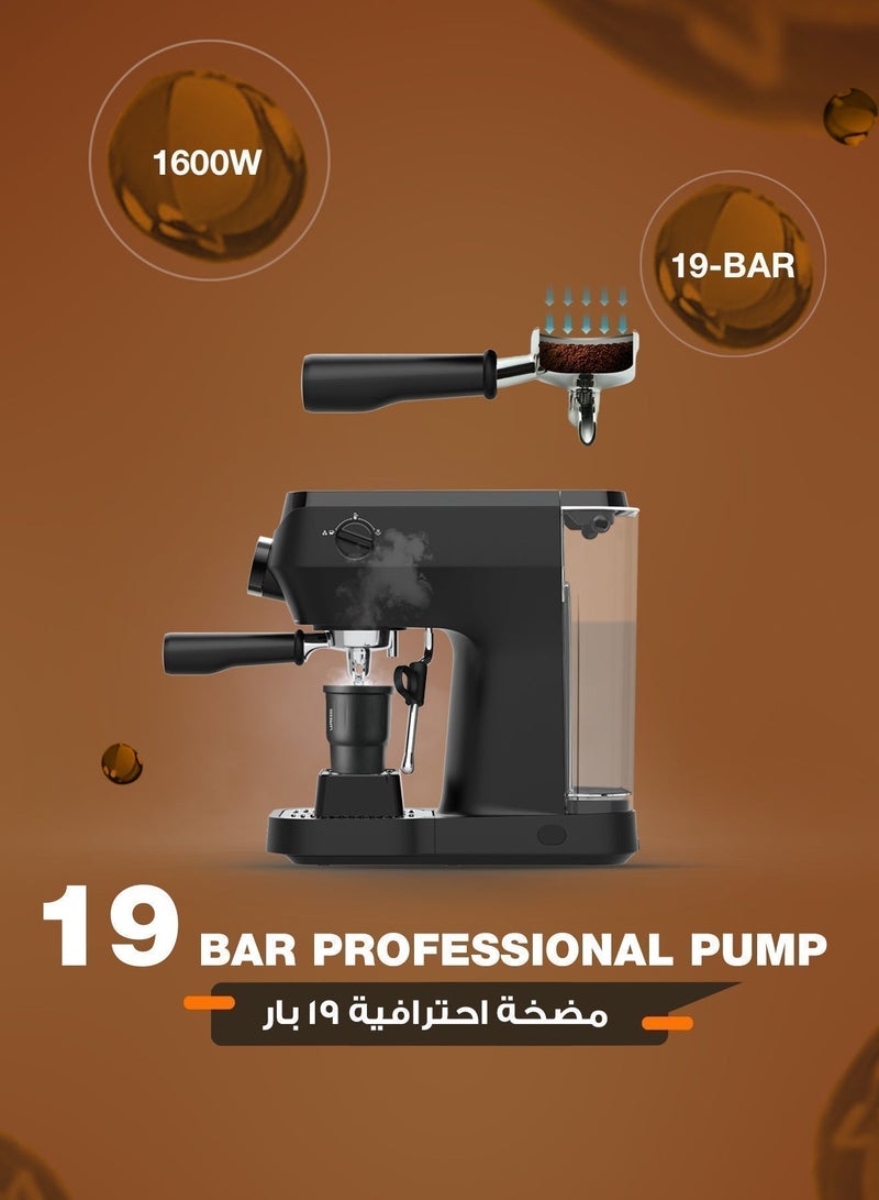 LePRESSO LUCENERO 19 Bar Coffee Machine with LCD Screen, Customizable Settings For Any Coffee, Portafilter 54mm With 2 Basket Single & Double, 19 Bar Pressure, 1600W Power, Steam Wand 360° Rotation, Cup Warmer, Espresso Machines - Black - Image 3